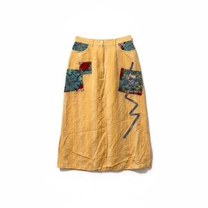 Vintage 1990s Koos of Course Womens Linen Midi Skirt A Line Yellow Small